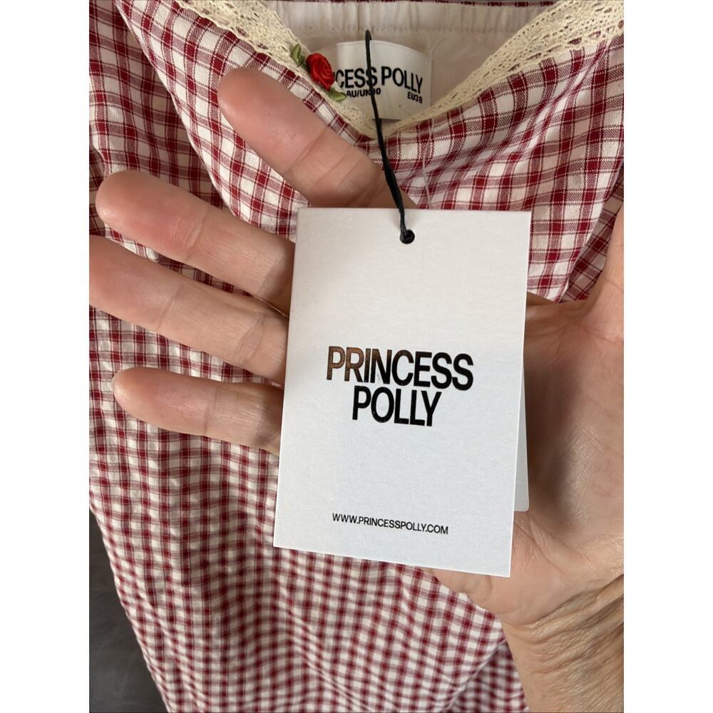 Princess Polly Gingham Mini Dress Red Check White Lace Tie Strap Sundress US 6 - Picture 7 of 10